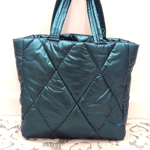 Victoria's Secret Puffer Tote Metallic Teal Green Bag - Picture 5 of 9